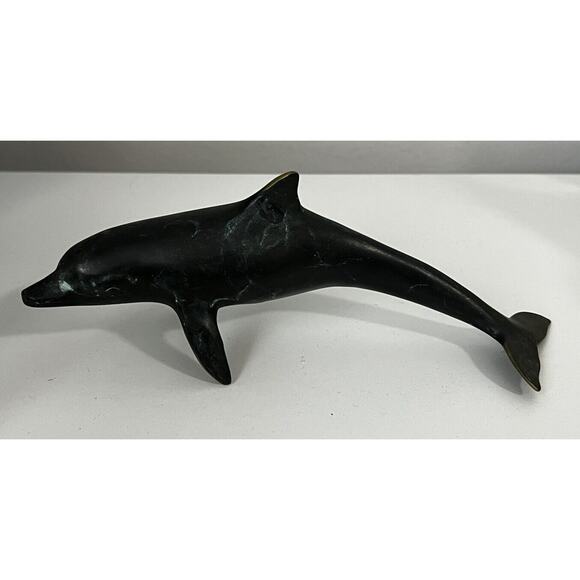 Vintage Cast Metal Bronze Turquoise Dolphin Sculpture 7” Decor - Picture 1 of 6